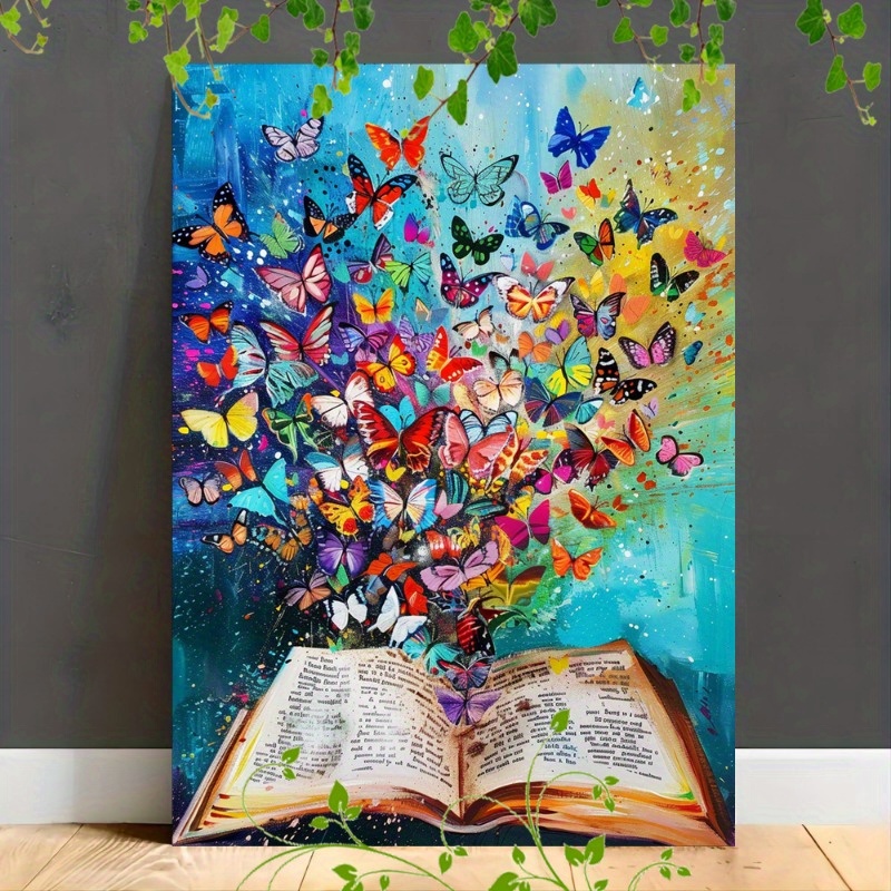 

1pc Wooden Framed Canvas Painting, An Open Book From Which A Multitude Of Colorful Butterflies Seem To Burst Forth, As If Taking Flight From The Pages. The Butterflies Are Depicted In A Variety Of Vib
