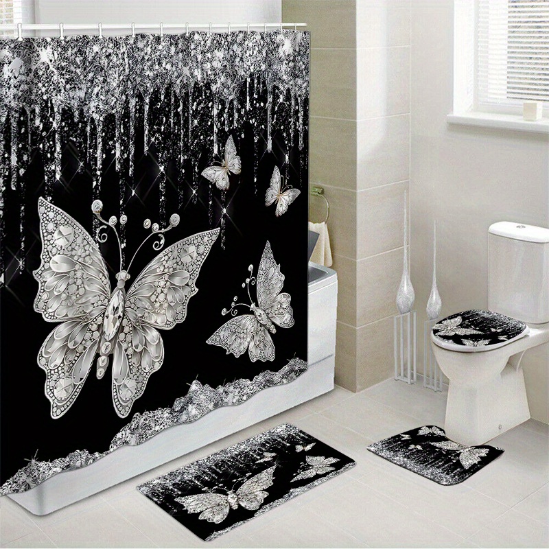 

1pc/4pcs Waterproof Shower Curtain Set With 12 Hooks And Bath Mats Toilet Covers Seat For Bathroom Non-slip Rug Carpet Polyester Fabric Curtain For Windows Bathroom Accessories Home Decor