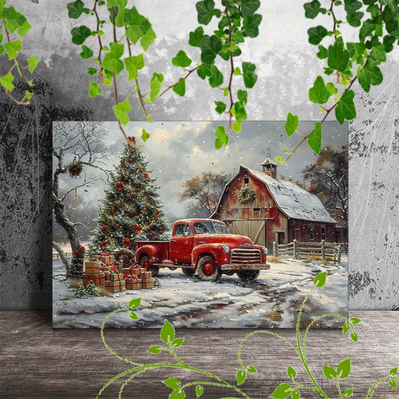 

1pc Wooden Framed Canvas Painting, A Festive Holiday Scene Featuring A Vintage Red Pickup Truck Parked In Front Of A Rustic Red Barn. The Barn Is Decorated With Christmas Wreaths, And A Large Christma