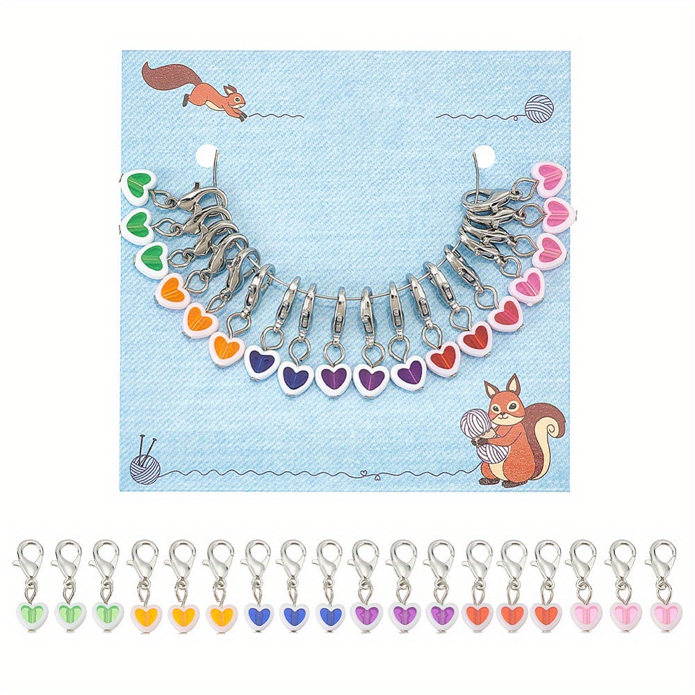 Image of 18pcs Heart-shaped Acrylic Markers With Lobster Clasp For Crochet And Knitting, Mixed Color Pendant Charm Set