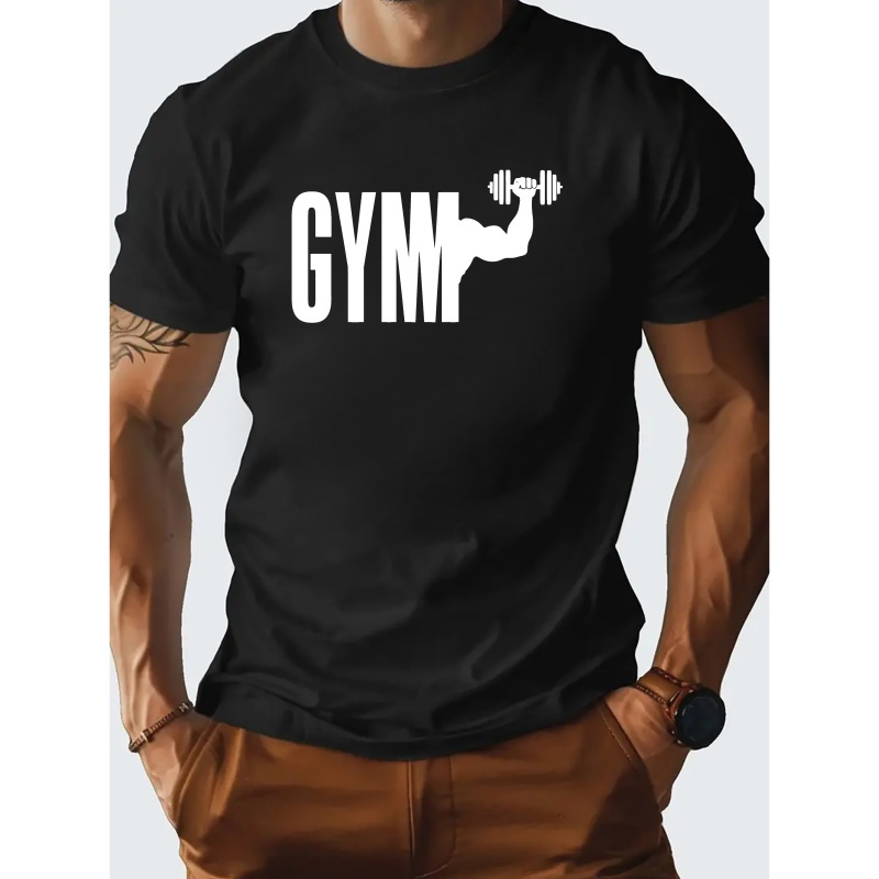 

Gym Creative Print Summer Casual Cotton T-shirt Short Sleeve For Men, Sporty Leisure Style, Fashion Crew Neck Top For Daily Wear