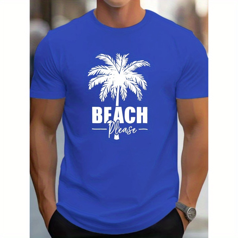 

Beach Creative Print Summer Casual Cotton T-shirt Short Sleeve For Men, Sporty Leisure Style, Fashion Crew Neck Top For Daily Wear