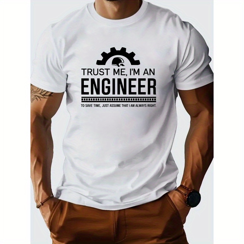 

Engineer Letter Print Men's Crew Neck Short Sleeve Tees, Cotton T-shirt, Casual Comfy Versatile Top For Spring & Summer, Teenager's Clothing