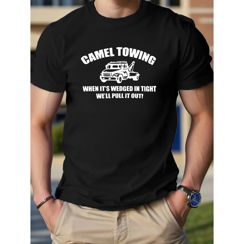 

Camel Towing Letter Car Graphic Print Men's Crew Neck Short Sleeve Tees, Cotton T-shirt, Casual Comfy Versatile Top For Spring & Summer, Teenager's Clothing