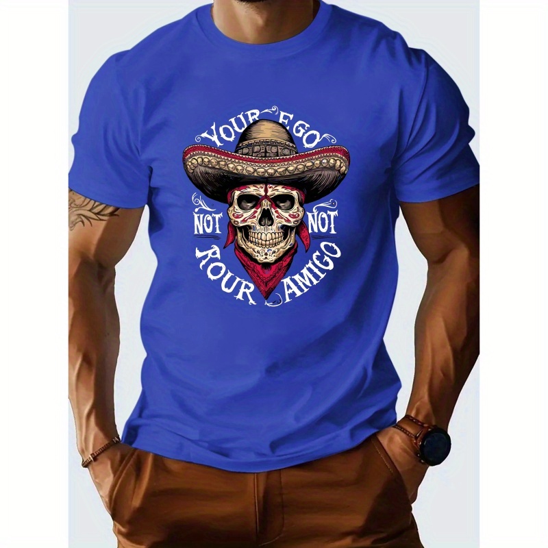 

Creative Cowboy Skull Pattern Print Men's Crew Neck Short Sleeve Tees, Cotton T-shirt, Casual Comfy Versatile Top For Spring & Summer, Teenager's Clothing