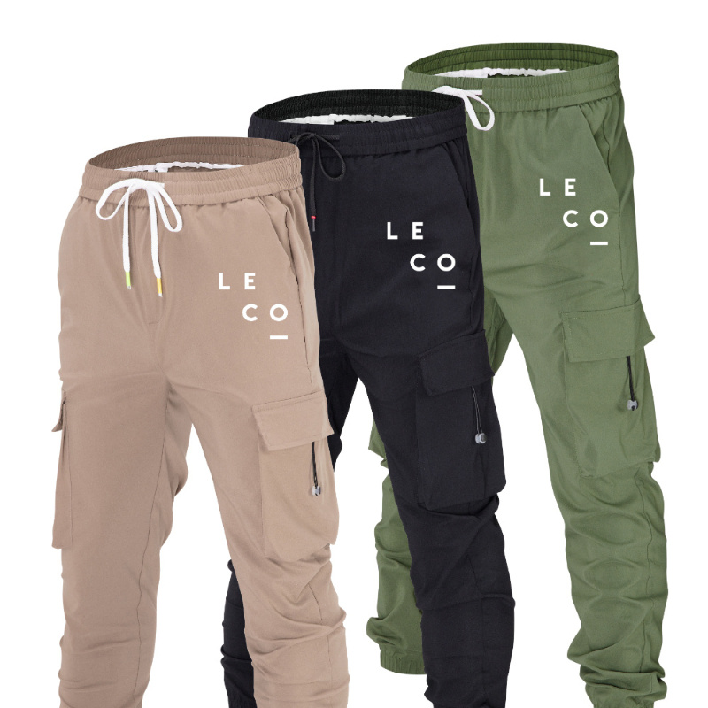 

L E C O Letters Print 3pcs Men's Multi Pocket Drawstring Cargo Pants, Comfy Casual Cuffed Joggers Pants For Spring Summer Outdoor Fitness Holiday As Gifts