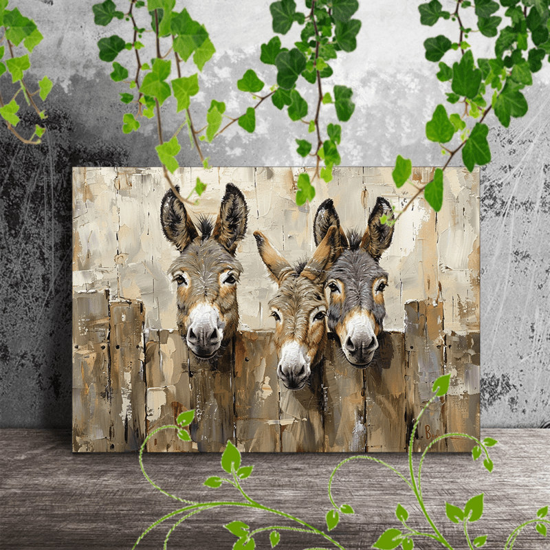 

1pc Wooden Framed Canvas Painting, 2 Donkeys Standing Close Together, Peering Over A Wooden Fence. The Donkeys Are Depicted With Expressive Faces, Their Large Ears And Detailed Fur Rendered In A Real