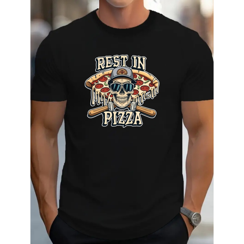 

Rest In Pizza Stylish Print Summer & Spring Cotton Tee For Men, Casual Short Sleeve Fashion Style T-shirt, Sporty New Arrival Novelty Top For Leisure