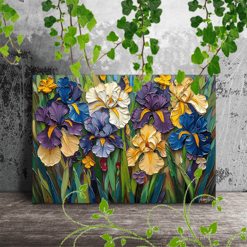 

1pc Wooden Framed Canvas Painting, A Garden Filled With Vibrant Irises. The Foreground Is Dominated By A Dense Cluster Of Deep Blue And Purple Irises, Their Long, Slender Leaves Creating A