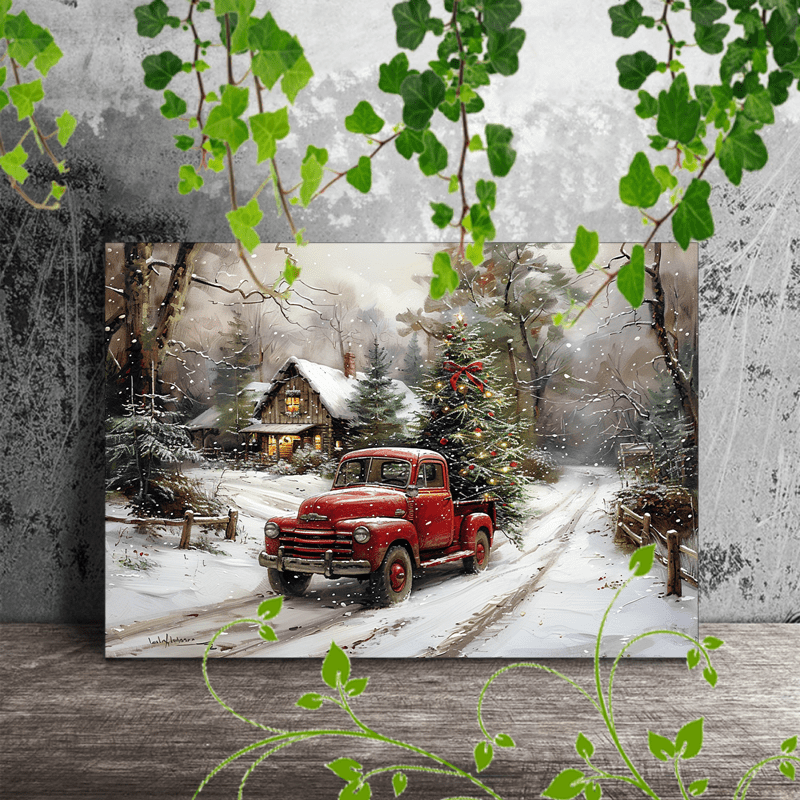 

1pc Wooden Framed Canvas Painting, A Nostalgic Winter Scene Featuring A Vintage Red Truck Carrying A Christmas Tree Adorned With A Large Red Ribbon. The Truck Is Driving On A Snow-covered Road, Surro