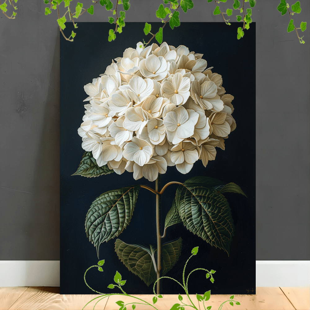 

1pc Wooden Framed Canvas Painting, A Single White Hydrangea Bloom Set Against A Dark, Almost Black Background. The Flower Is Depicted With Intricate Detail, Highlighting The Delicate Petals And Their