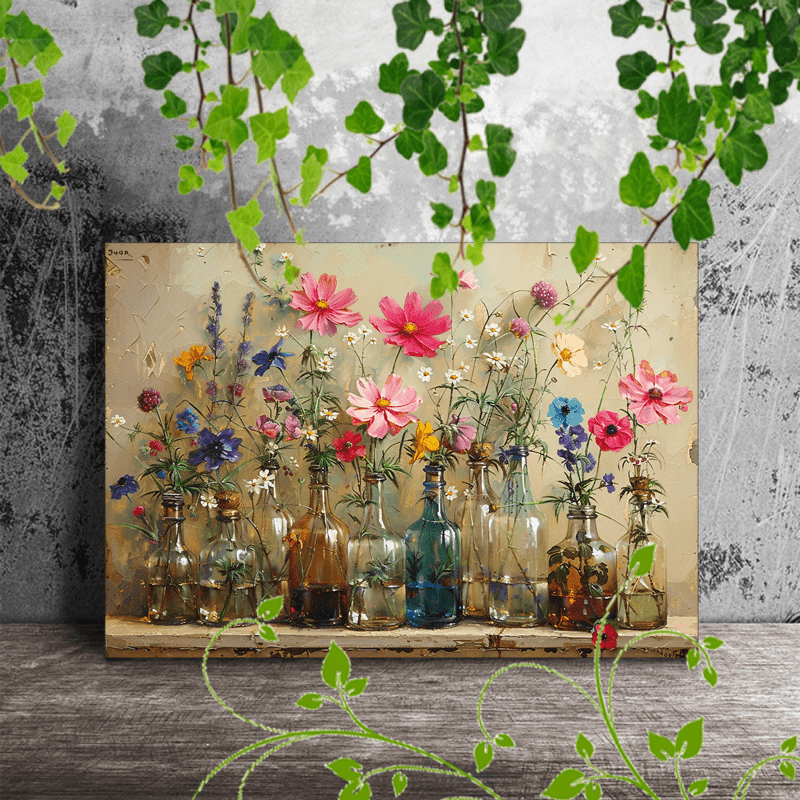 

1pc Wooden Framed Canvas Painting, A Charming Arrangement Of Colorful Flowers Placed In Transparent Glass Bottles Of Varying Shapes And Sizes. Each Bottle Contains A Single Flower Stem, With Blooms In