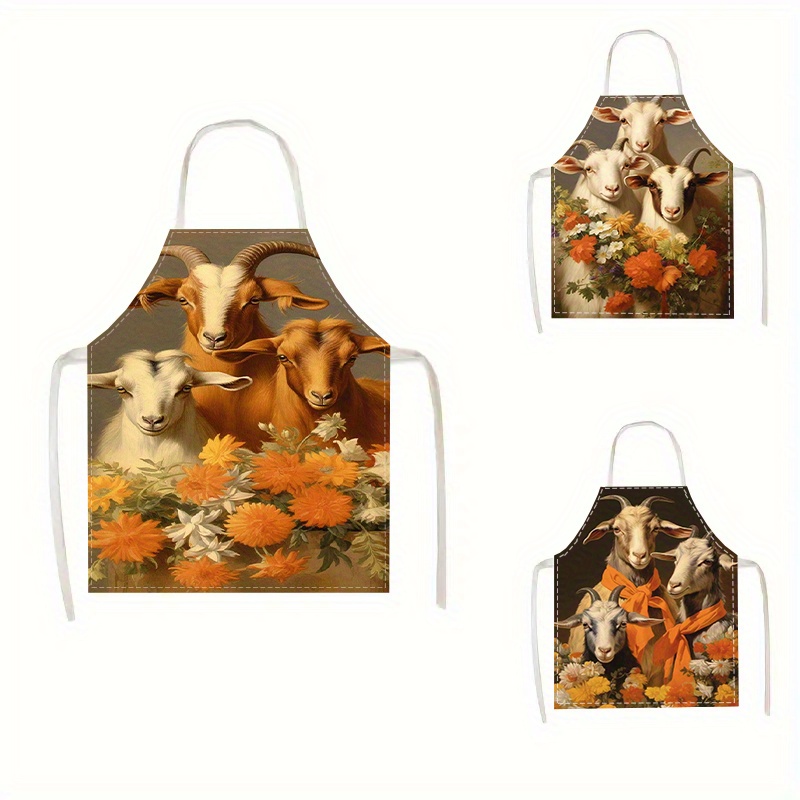 

1pc Creative Goats Pattern Linen Apron, Unisex Kitchen Wear For All Seasons, Waterproof And Oil-resistant, Woven Cooking Apron