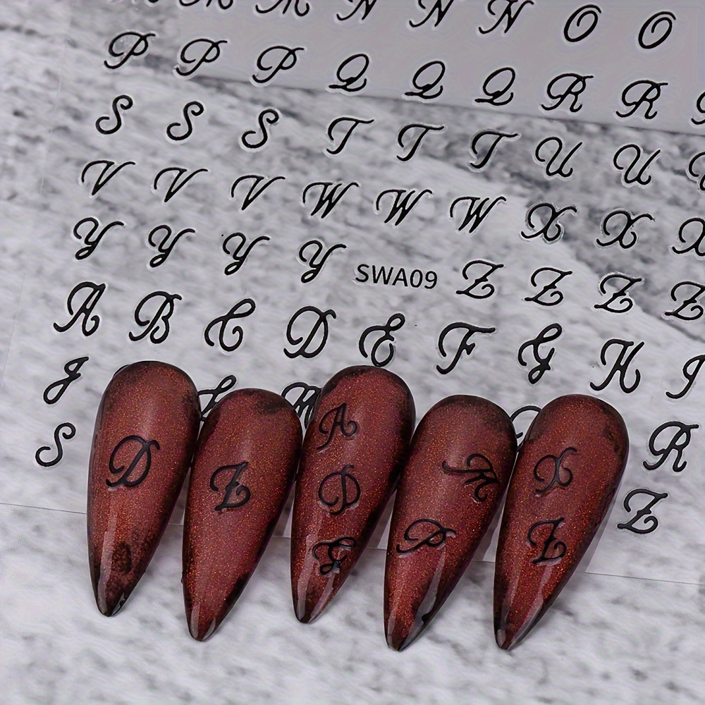 Stylish Nail Art Stickers Featuring English Letters, Plastic Decals Come With A Glittery End And An Alphabet-themed Oblong Shape. Are Glossy, Self-adhesive Embellishments Designed For Use