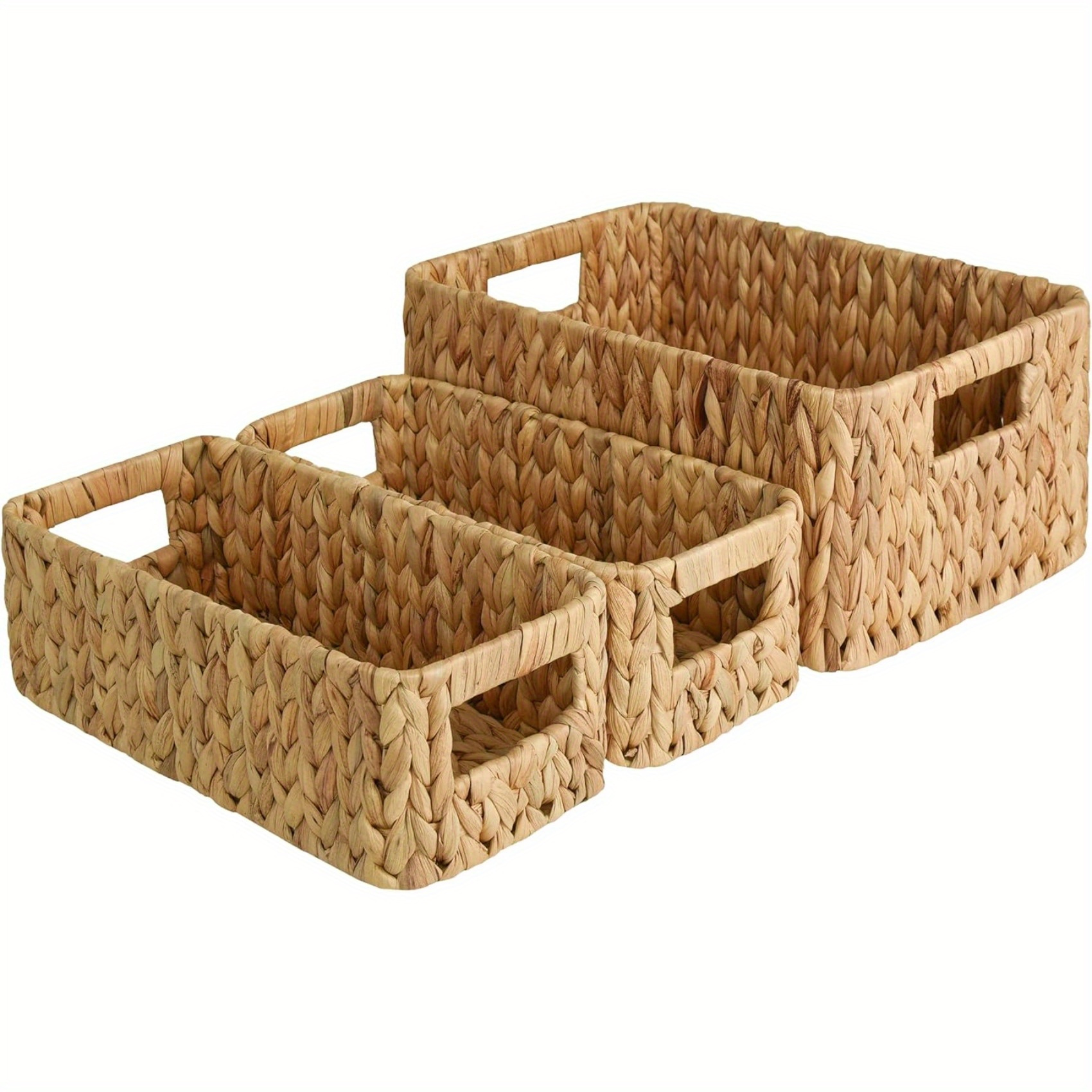 

Water Hyacinth Storage Baskets, Square Wicker Baskets With Built-in Handles, Hand-woven Baskets For Bedroom, Bathroom, Pantry, Shelves, Set Of 3 (1pc Large, 2pcs Medium)