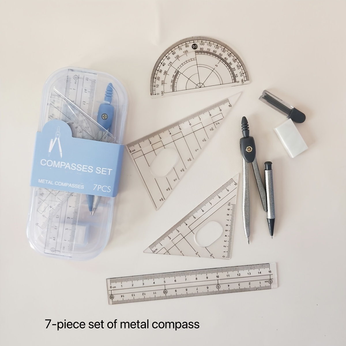 

Random Color: 7-piece Compass And Ruler Set - Durable Metal Drawing Tools, Multifunctional, 1 Box