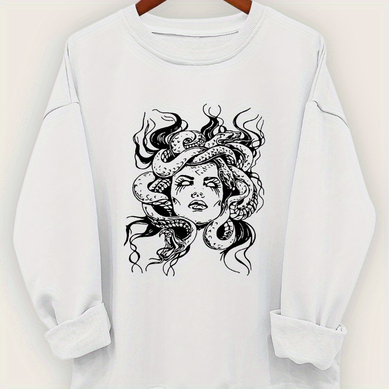 

Women's Halloween Medusa Print Sweatshirt - Casual Long Sleeve Crew Neck, Polyester , Machine Washable - Spring/fall