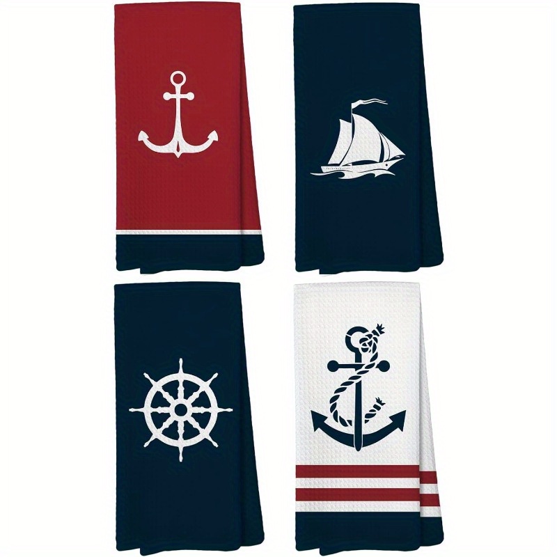 

Coastal Nautical Kitchen Towels - Set Of 4 Woven Polyester Blend Dish Towels, 18x26 Inch, Machine Washable, Super Soft, Contemporary Style With Sailboat, Anchor, Helm Themes For Home And Boat