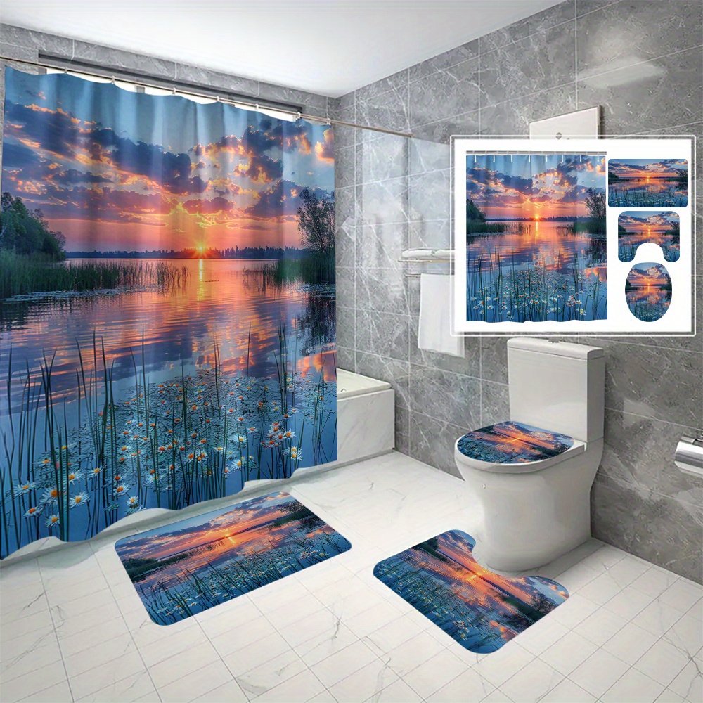 

4-piece Sunset Lake Scene Shower Curtain Set - Waterproof Polyester, Includes Hooks & Non-slip Bath Mat, Machine Washable - Perfect For Bathroom Decor
