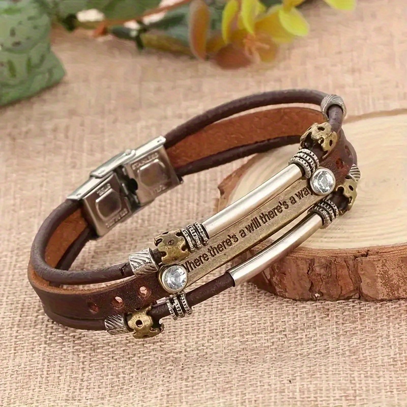 

Bohemian Style Handmade Multi-layered Pu Leather Bracelet With Glass Accents - Durable & Fashionable Unisex Accessory