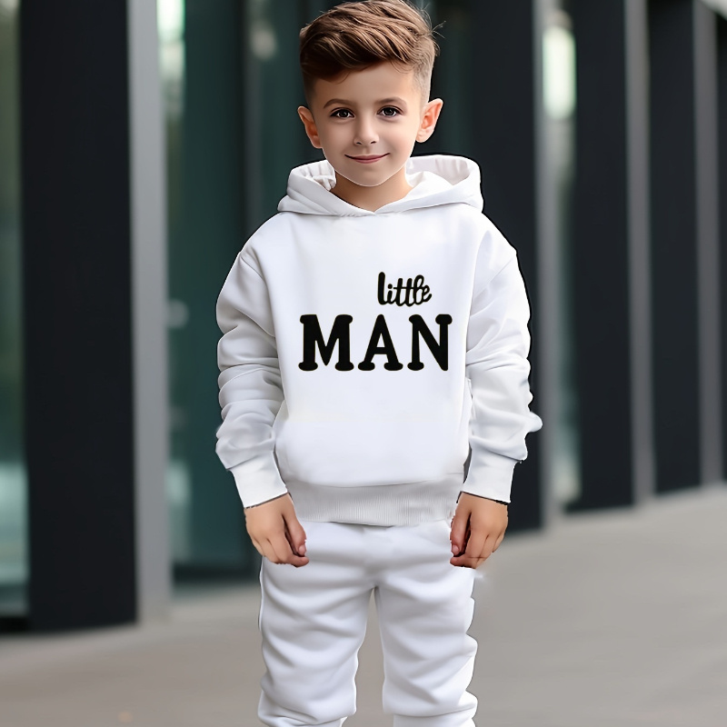 

2pcs Boys Little Man Print Hooded Outfit, Casual Long Sleeve Hoodie & Pants Set, Comfy Boys Spring And Autumn Wear As Gift