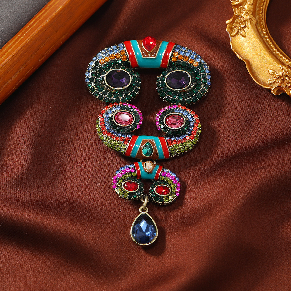 E-shop Vintage Brosche mit Glasanhänger - Luxuriöses, schweres Abzeichen mit exquisiten Strass- und Kunststoffmosaiken, vielseitig für den täglichen