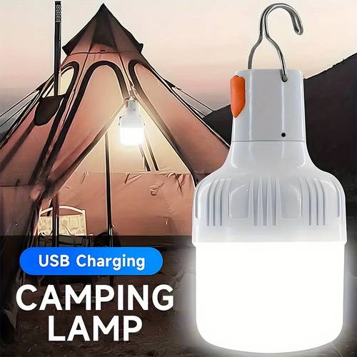 1pc portable led lamp bulb for travel usb rechargeable emergency work light with hook handheld floodlight lantern for outdoor fishing walking camping