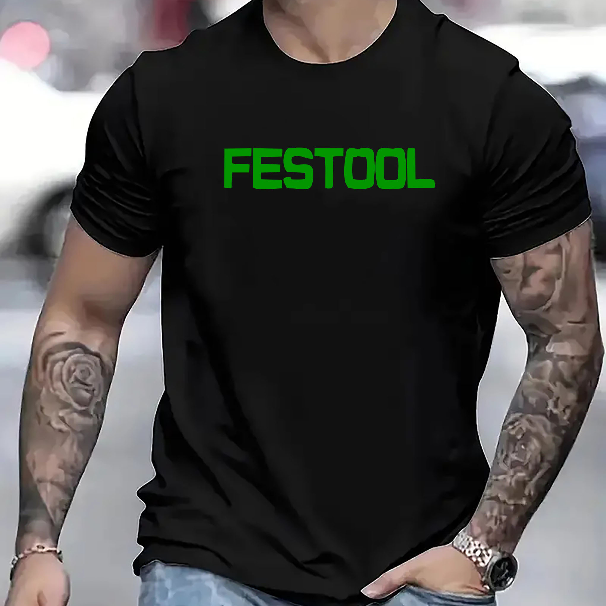 

Festool Letter Print Men's Crew Neck Short Sleeve Tees, Casual T-shirt, Summer Trendy Comfortable Lightweight Top For Outdoor Sports