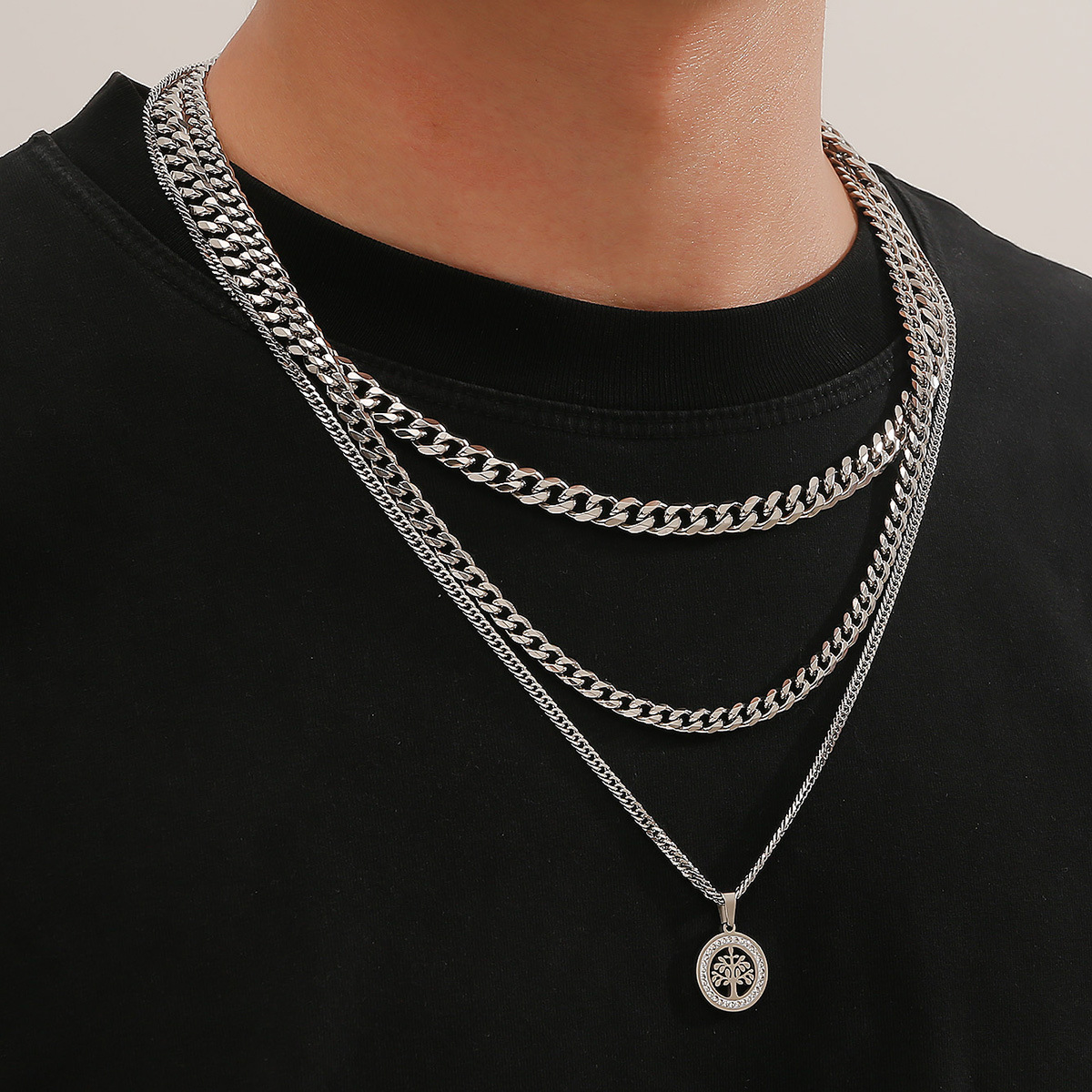 

3pcs/set Minimalist Hip-hop Fashion Titanium Steel Chain 3 Piece Necklace Set For Men's Daily Wear