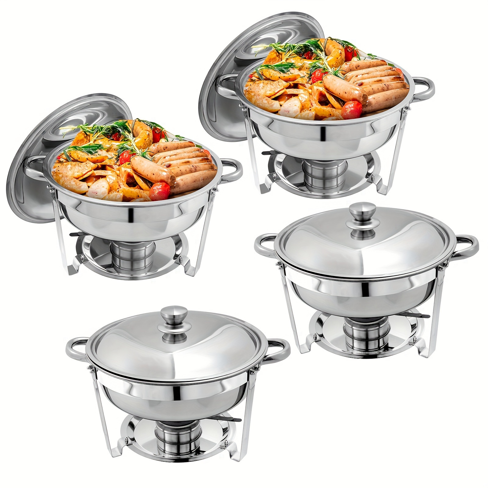 E-shop 4-teiliges Gourmet-Chafing-Dish-Set aus Edelstahl – Elegante runde Buffet-Warmhalteplatten mit Speisen- & Wasserschalen für nahtloses Bewirten –
