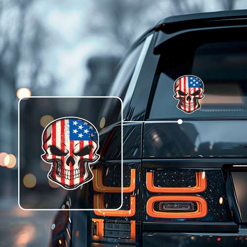 USA American Flag Skull Reflective Eyes Sticker – Patriotic Decal For Car, Truck, Window, Helmet