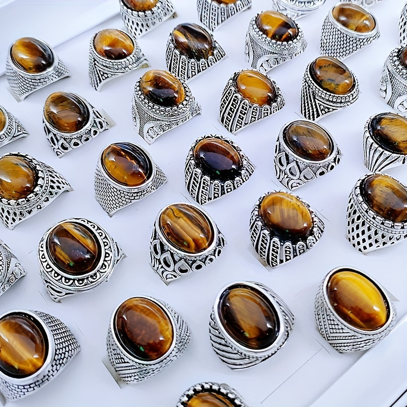 

20pcs Size (7-11) Fashion Natural 14*18mm Tiger's Eye Stone Rings For Men, Oval Stone Style Finger Jewelry For Gift