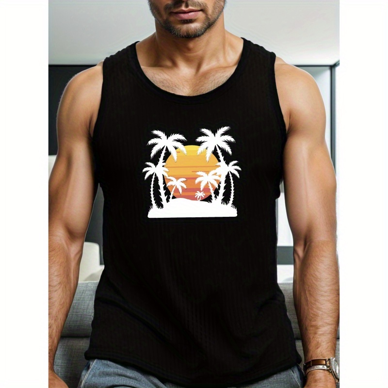 

T-shirt débardeur graphique pour homme, motif coucher de soleil sur la plage, décontracté, sans manches, athlétique, respirant et confortable pour un usage quotidien.