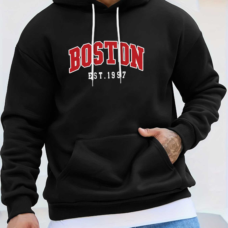 

Boston Est. 1997 Print Hoodie - Casual Pullover With Kangaroo Pocket, Long Sleeves, Polyester, Fall/winter, Winter Pullover|classic Hoodie Design| Hoodie