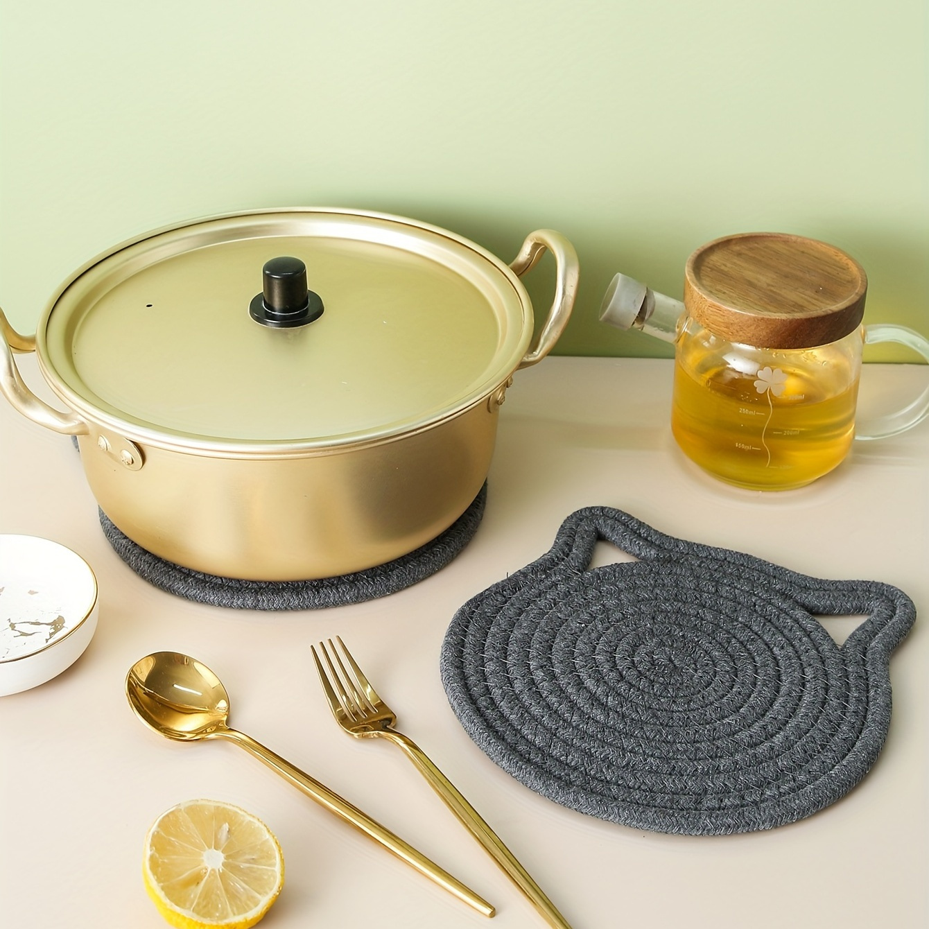 Charming Cat Ear Woven Pot Mat - Versatile, Heat-Resistant & Easy to Clean with Hanging Loop for Kitchen Decor
