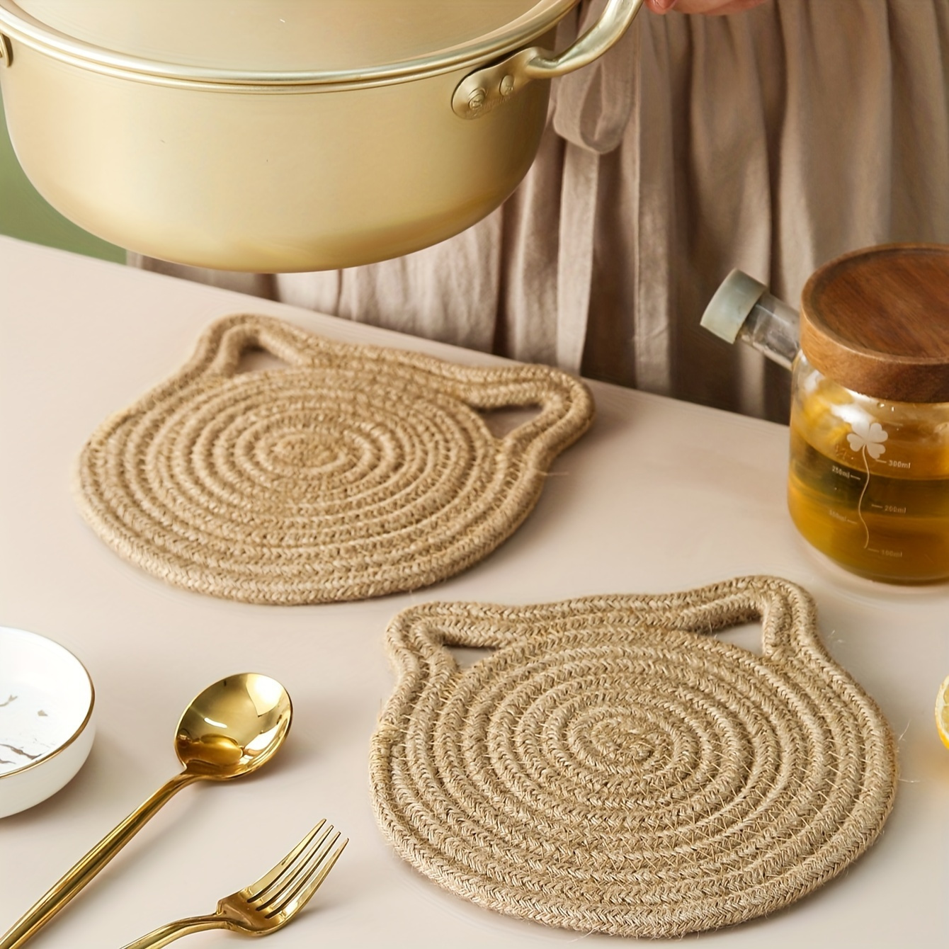 Charming Cat Ear Woven Pot Mat - Versatile, Heat-Resistant & Easy to Clean with Hanging Loop for Kitchen Decor