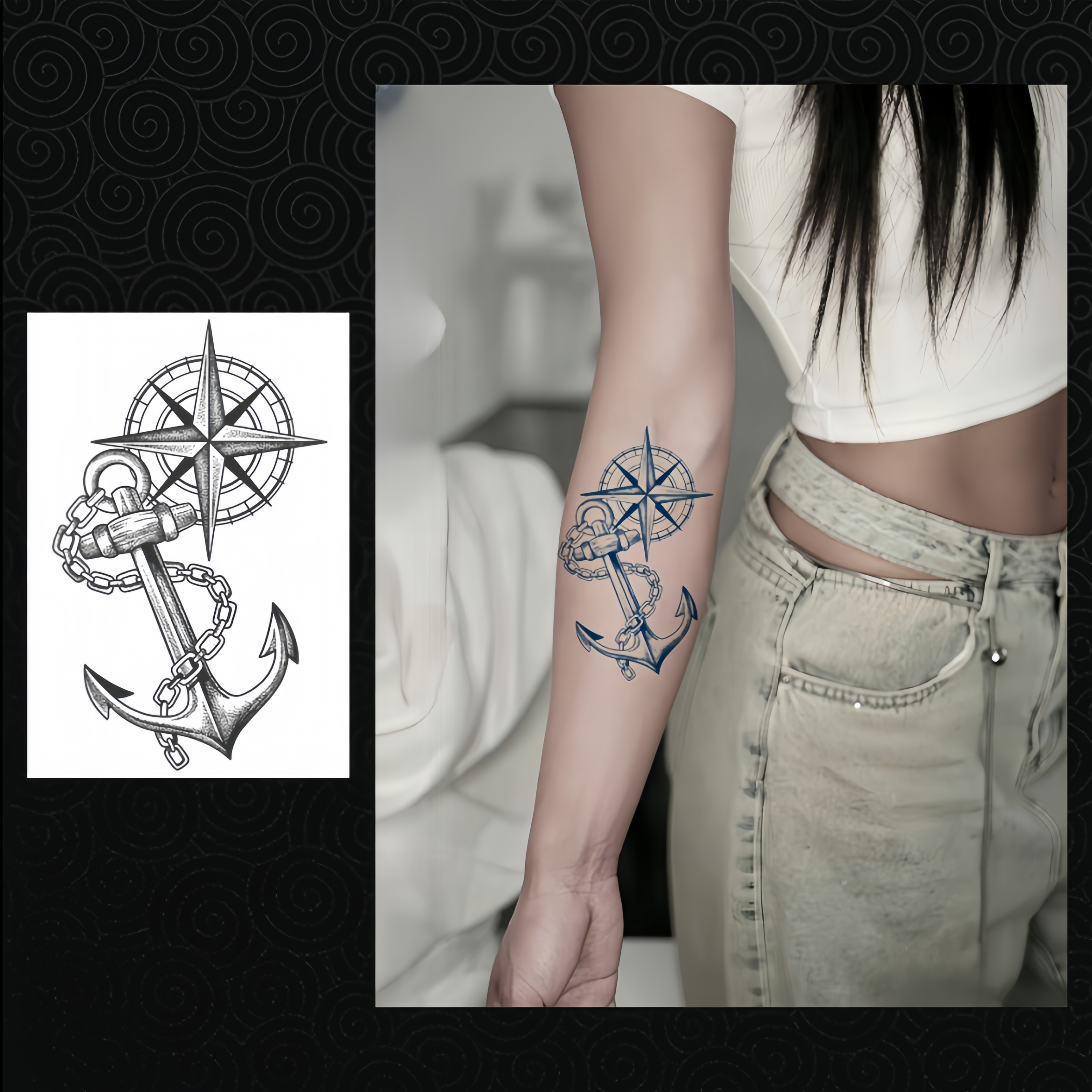 Compass-Boat Anchor Herbal Tattoo Sticker - Waterproof, Sweet-Proof,  Non-Reflective, Lasts 1-2 Weeks, Perfect For Couples