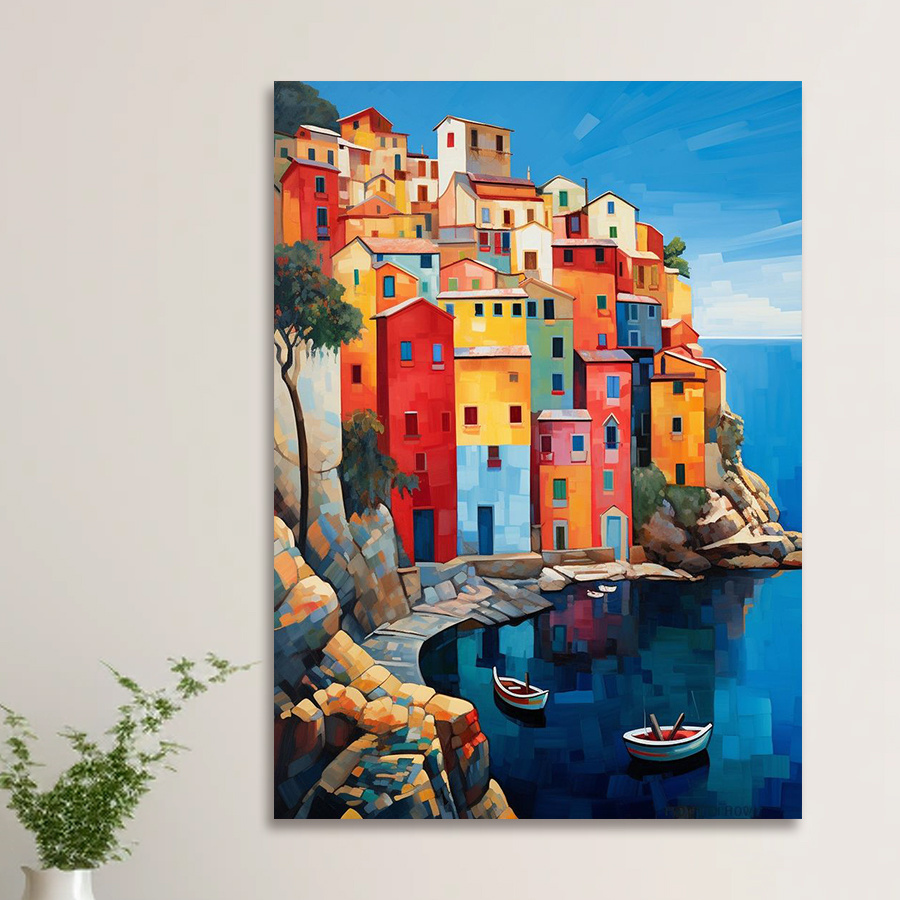 

Lakeside Village Canvas Wall Art - Beautiful Scenery, Small Boat, Perfect Gift And Home Decor