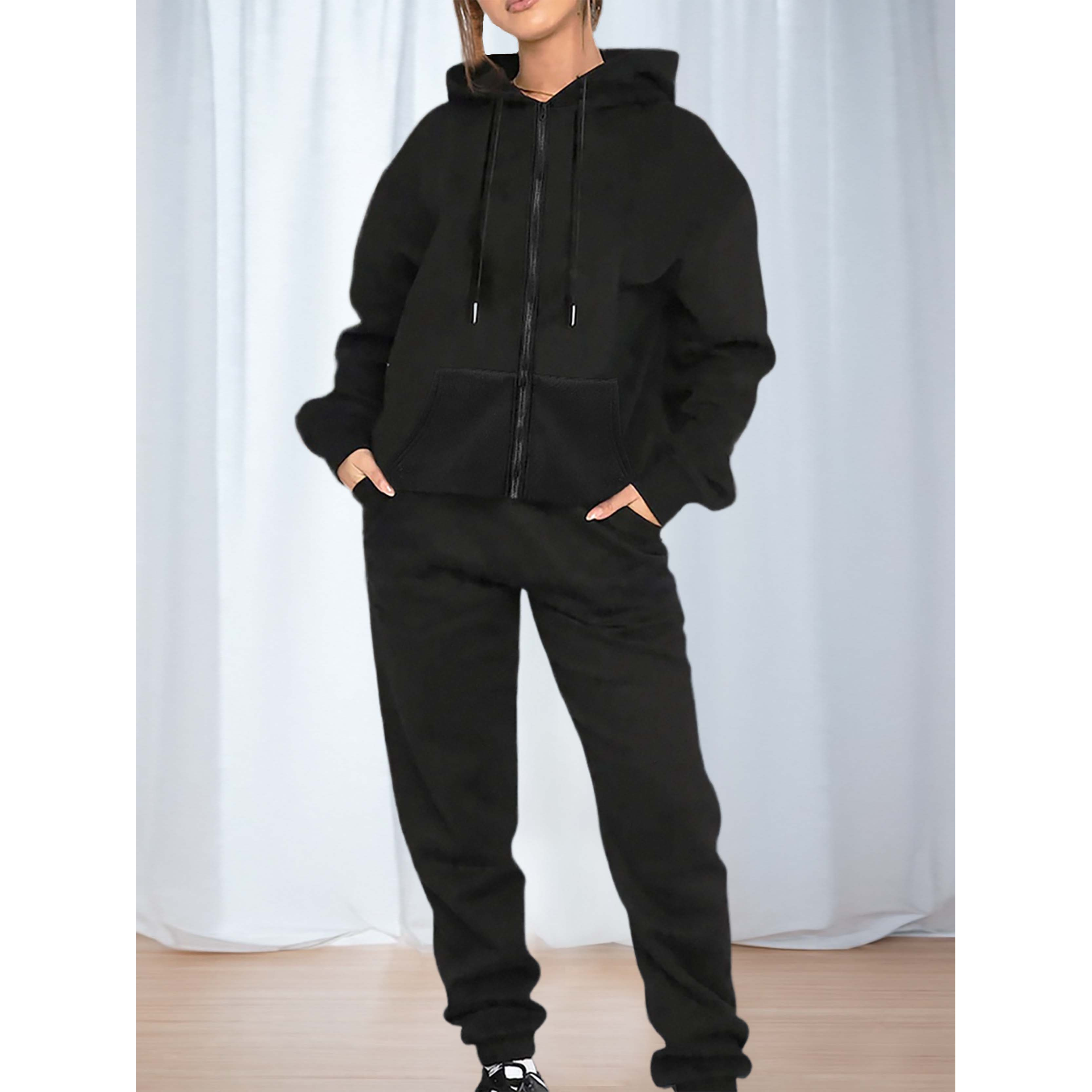 

Women's Casual Solid -up Hoodie & Pants Set - Polyester, Machine Washable