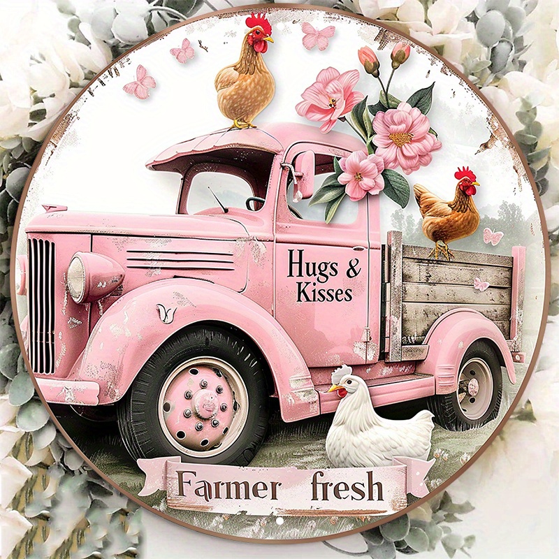 

Charming Farmhouse Decor - 8x8" Aluminum Sign With Vintage Truck, Flowers, Cows & Chickens | Durable & Uv Protected For Indoor/outdoor Use