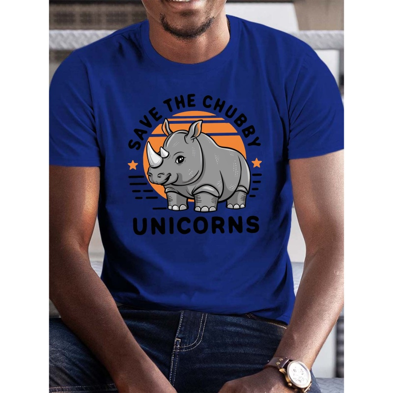 

Save The Chubby Unicorns Letter Cartoon Print Men's Crew Neck Short Sleeve Tees, Trendy T-shirt, Casual Comfy Versatile Top For Summer Daily Wear