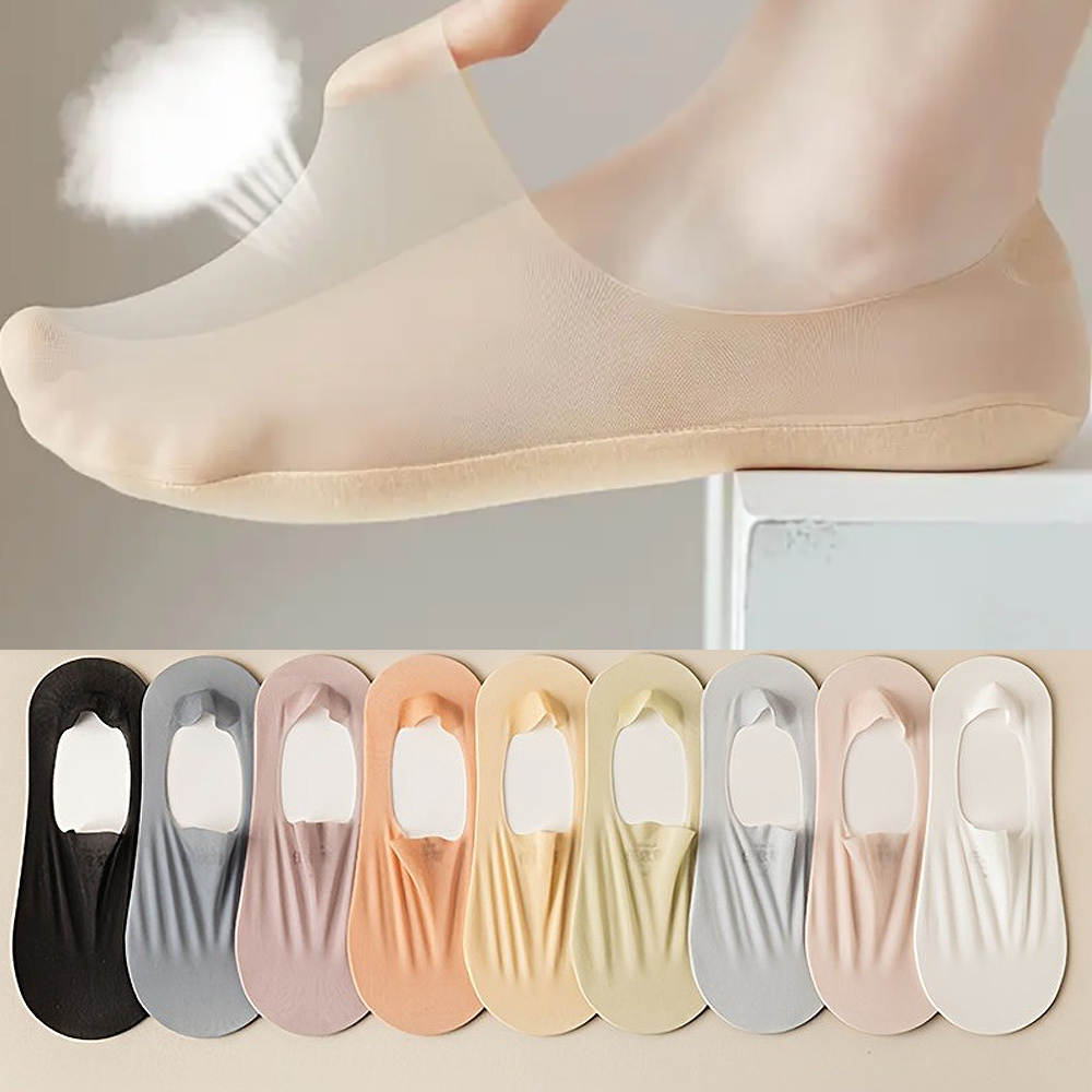 

5/8 Pairs Solid Ice Silk Socks, Non-slip Breathable Low Cut Invisible Socks, Women's Stockings & Hosiery