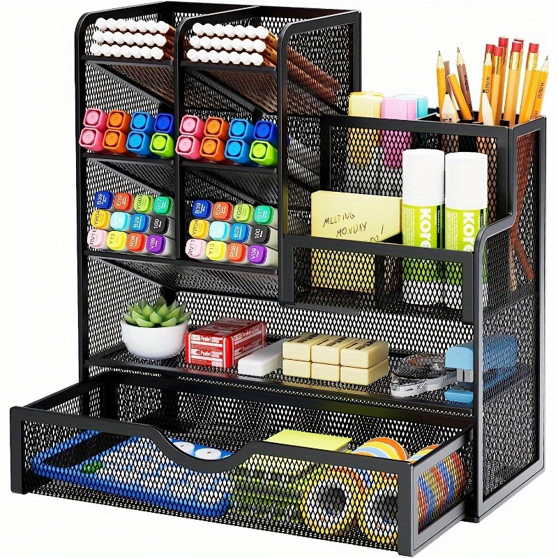 

Multi-functional Mesh Desk Organizer With Drawer - Pen And Pencil Holder For Office Supplies, Art Accessories Storage