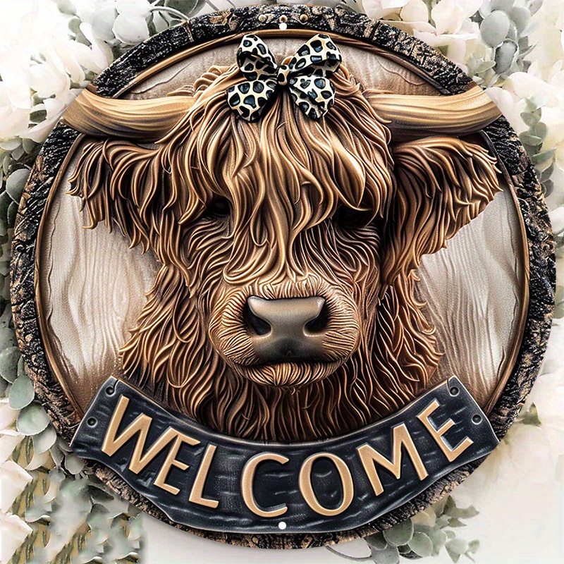 

Highland Cow Welcome Sign - Waterproof Aluminum Door Hanger, Pre-drilled Weather Resistant Wall Decor With Hd Printing, 1pc 8x8 Inch Farmhouse Style Wreath Decoration Lza1104