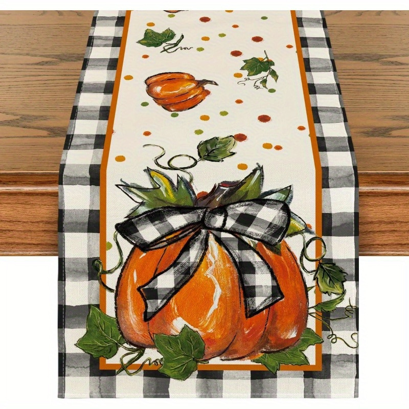 

1pc Woven Polyester Pumpkin Bow Table Runner With Buffalo Check, Rectangular Autumn Harvest Dining Table Decor, Seasonal Home Party Accessory, 13x72 Inch