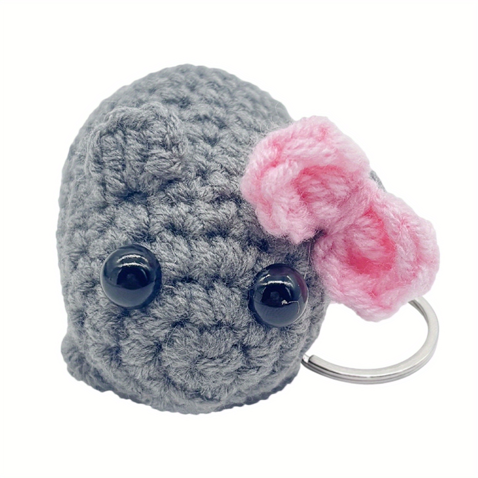 

Adorable Crochet Sad Hamster Keychain With Bow - Plush Bag Charm & Handmade Gift, Gray
