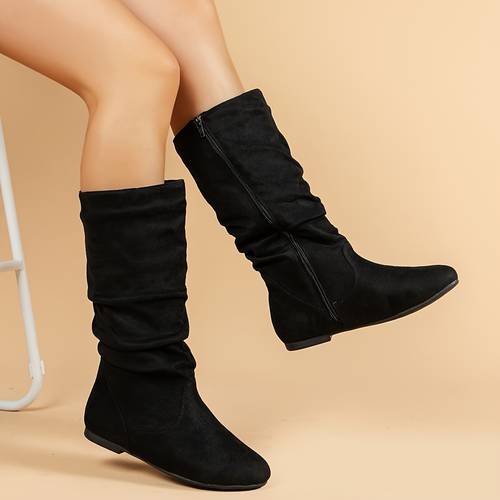 womens solid boots side zipper casual flat calf boots minimalist round toe boots women shoes