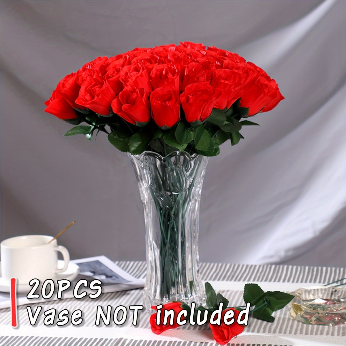 TEMU 20pcs Realistic Silk Roses In Vase - Perfect For Valentine's, Weddings, Birthdays & More - Available In White, Pink, Red, Blue