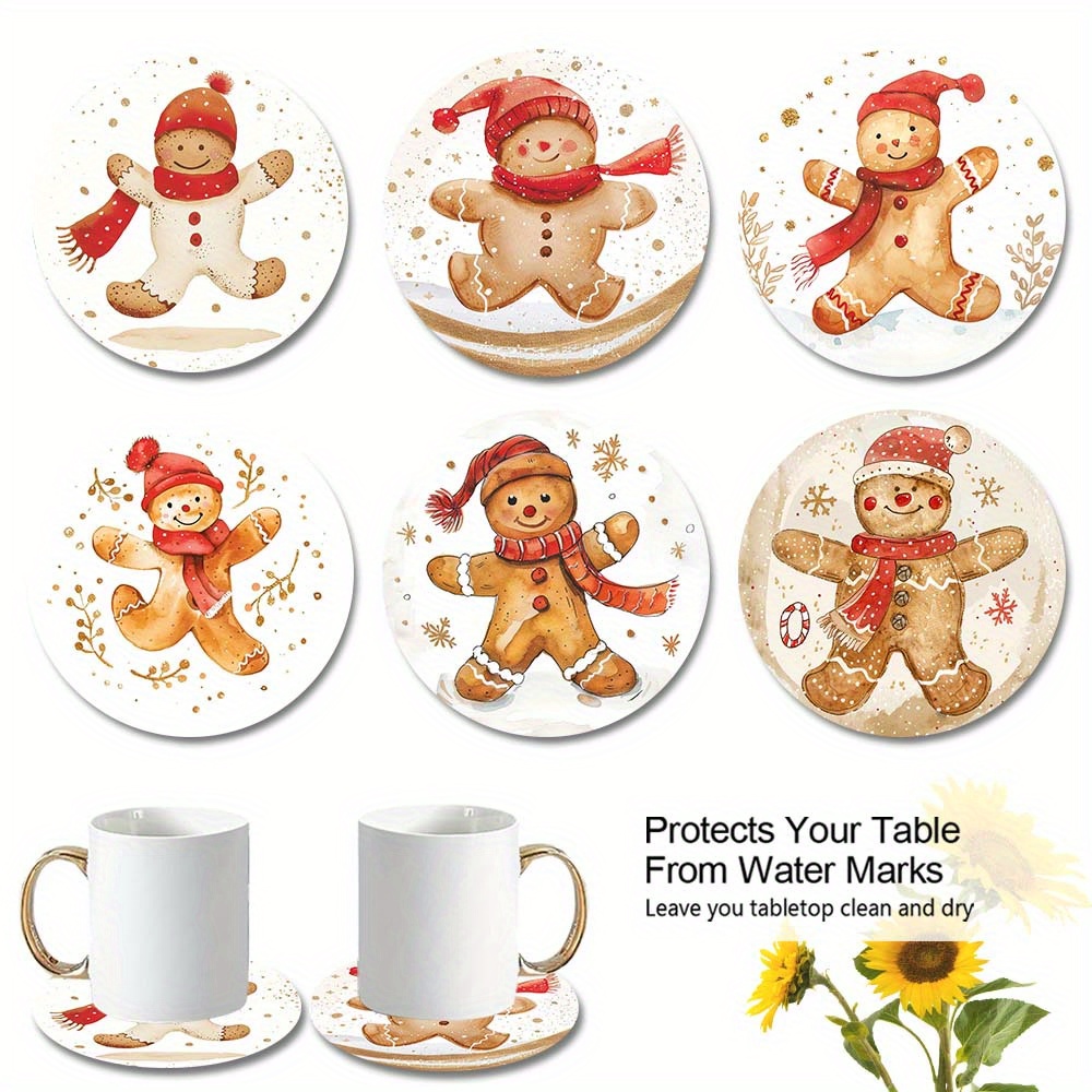 

A Set Of 6 Cork Coasters Watercolor Style Christmas Gingerbread For Man Warm Decorative Wooden Coasters 9.5*9.5cm