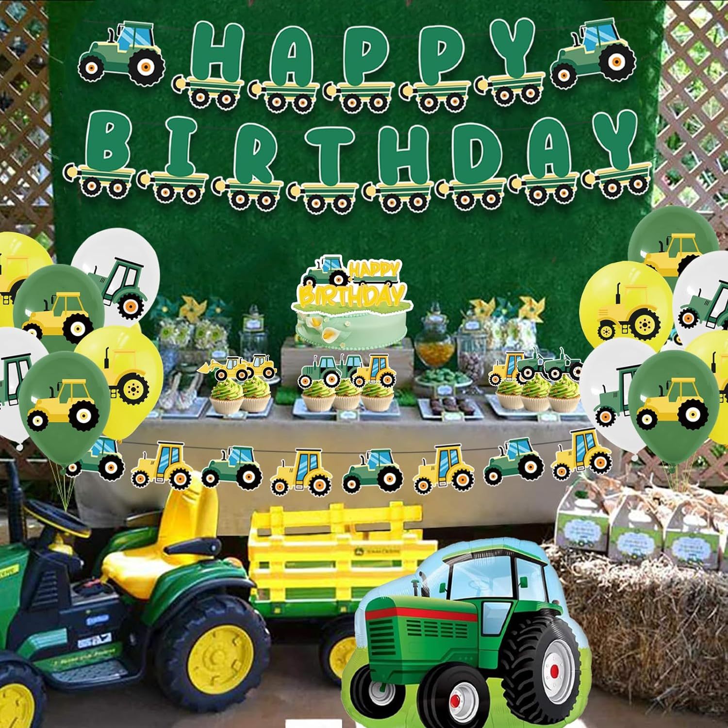 

Tractor-themed Birthday Party Kit - Includes Banner, Garland, Foil Balloons, Cake & Cupcake Toppers - Celebrations & Home Decor